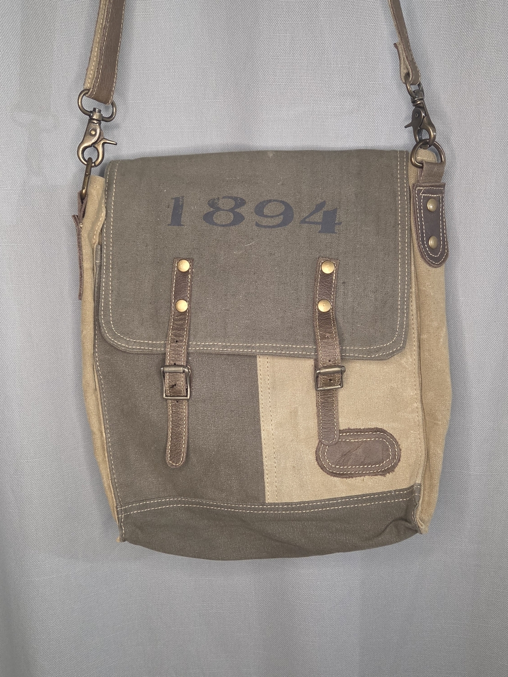 1894 Myra Canvas Messenger Bag in Olive/Brown With Leather Accents